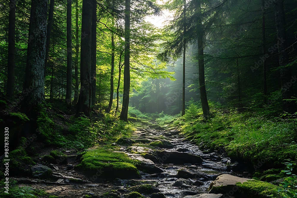 Sunlight shining through trees in a lush green forest with a stream flowing through the middle. Sunlight shining through trees in a lush green forest with a stream flowing through the middle.