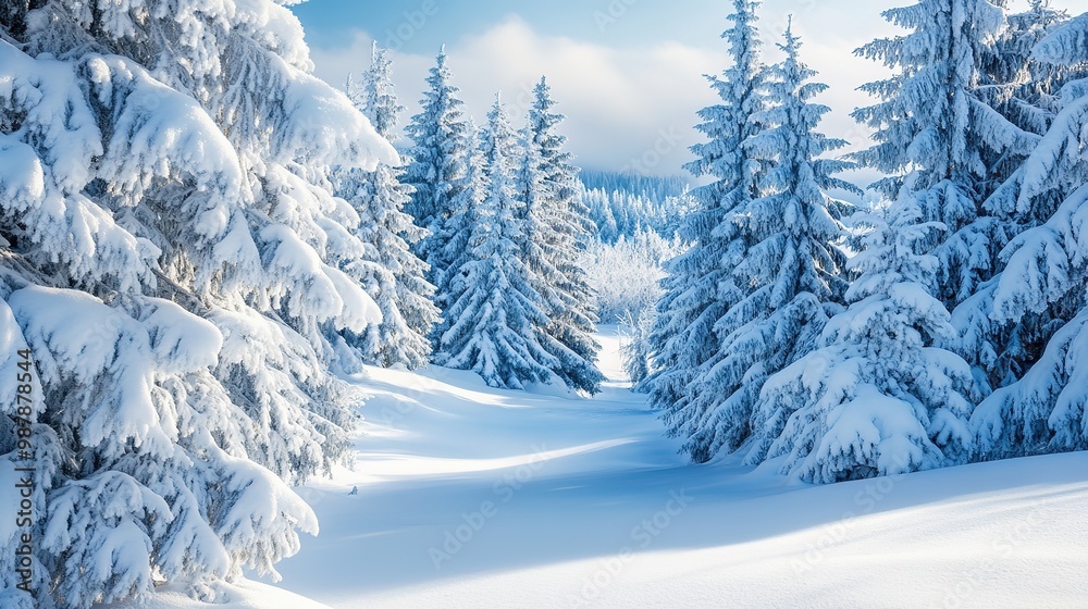 Snow-covered forest landscape with tall evergreens beneath a cloudy sky during winter season Snow-covered forest landscape with tall evergreens beneath a cloudy sky during winter season