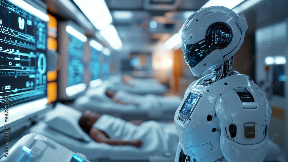A futuristic robot nurse monitoring patient vitals in a sterile hospital ward with digital screens displaying health data, representing robotic assistance in healthcare. A futuristic robot nurse monitoring patient vitals in a sterile hospital ward with digital screens displaying health data, representing robotic assistance in healthcare.