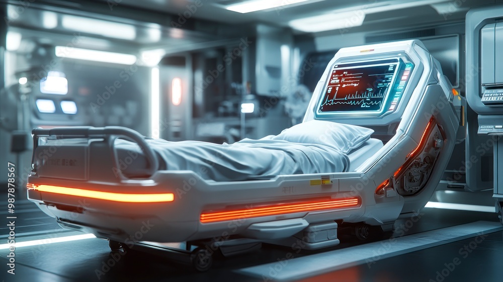 A futuristic medical bed scanning patient vitals in a digital hospital room with AI health monitoring, representing the integration of AI in patient care. A futuristic medical bed scanning patient vitals in a digital hospital room with AI health monitoring, representing the integration of AI in patient care.