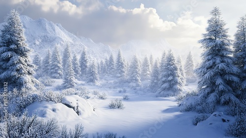 Snow-covered forest landscape with tall evergreens beneath a cloudy sky during winter season