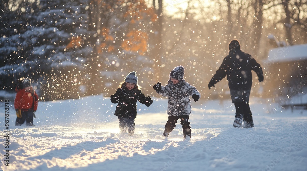 Families enjoying a snowy day playing in the winter wonderland with bright sunlight filtering through the trees Families enjoying a snowy day playing in the winter wonderland with bright sunlight filtering through the trees
