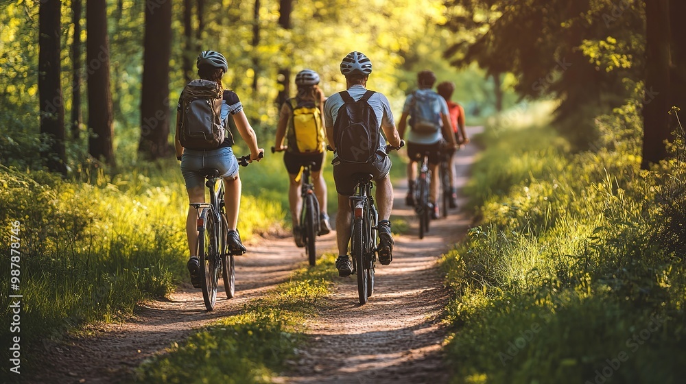 Naklejka premium Five cyclists enjoying a scenic ride along a gravel path near a serene lake on a sunny day in nature