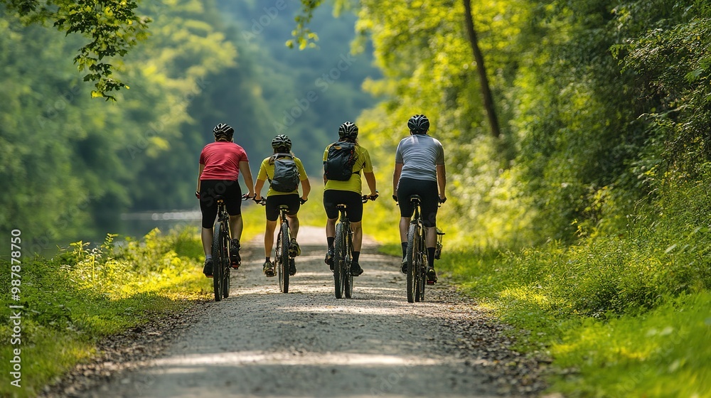 Five cyclists enjoying a scenic ride along a gravel path near a serene lake on a sunny day in nature Five cyclists enjoying a scenic ride along a gravel path near a serene lake on a sunny day in nature