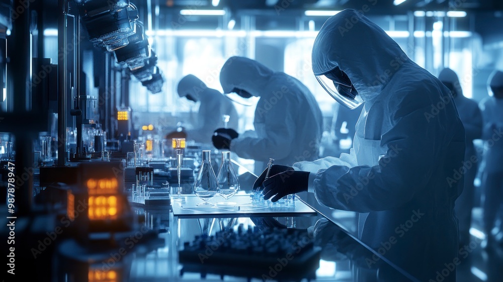 A team of scientists working together on experiments in a high-tech, sterile lab, showcasing collaboration, precision, and cutting-edge research tools. A team of scientists working together on experiments in a high-tech, sterile lab, showcasing collaboration, precision, and cutting-edge research tools.