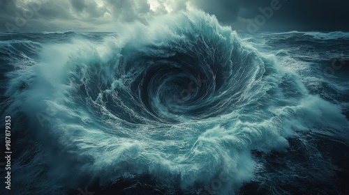 A swirling vortex in a stormy ocean, depicting powerful natural forces. photo