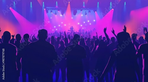 Exciting concert atmosphere with vibrant lighting as a crowd enjoys live performance at night