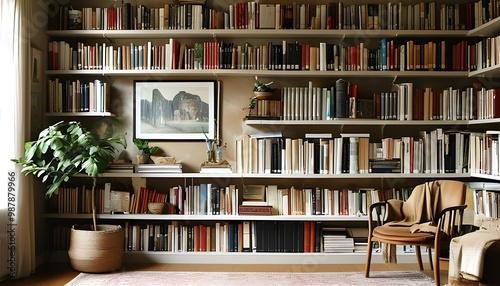 Cozy home library adorned with wall-to-wall bookshelves filled with an array of books