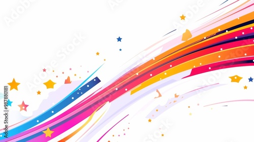 colorful wavy lines and stars on a white background, arranged to create an illusion of motion, dynamic straight lines in blue, pink, orange, yellow, green, and purple