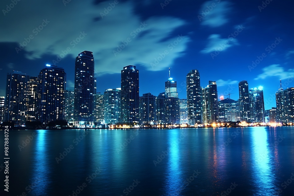 Naklejka premium Night cityscape with city lights reflected in the water