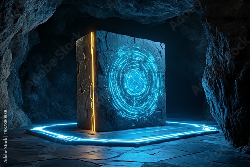 Ancient underground temple, built from glowing stone and surrounded by advanced, holographic technology photo