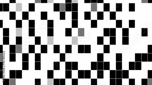 Black and white pixel art gradient on a white background, featuring minimalist squares and ample copy space for text. 
