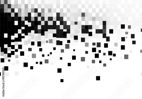 Black and white pixel art gradient on a white background, featuring minimalist squares and ample copy space for text. 