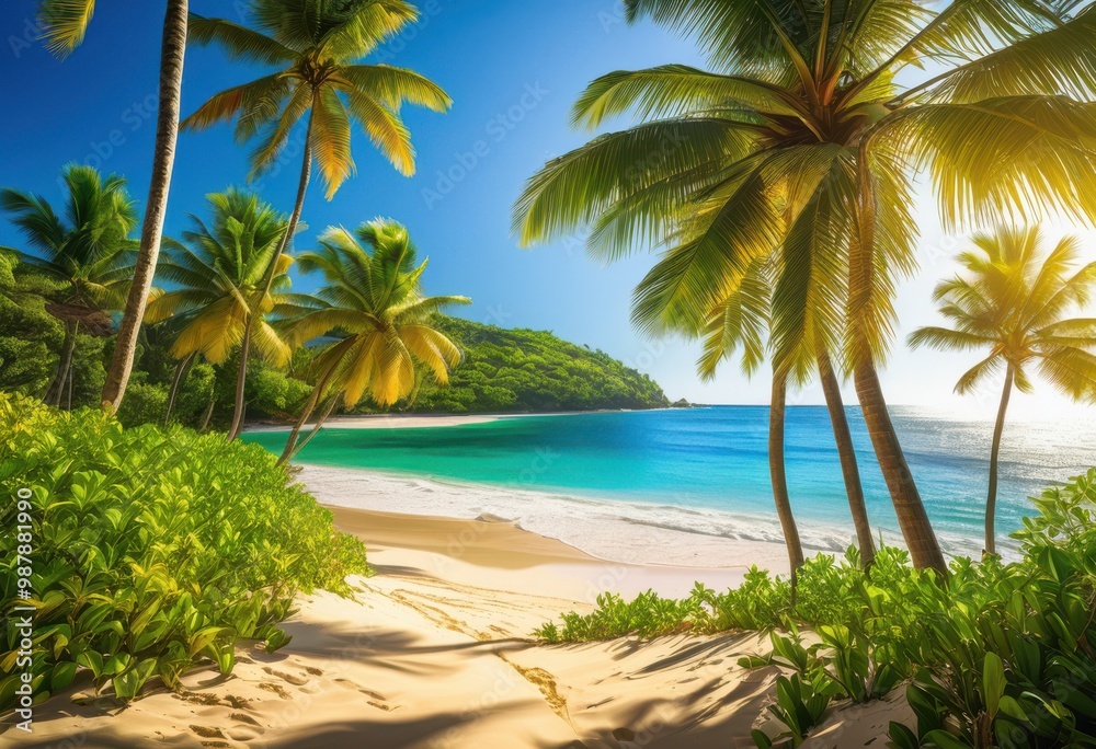 Obraz premium vibrant tropical landscape featuring lush clear blue ocean bright sunlight serene coastal setting, beach, surf, water, sky, palm, island, horizon, waves