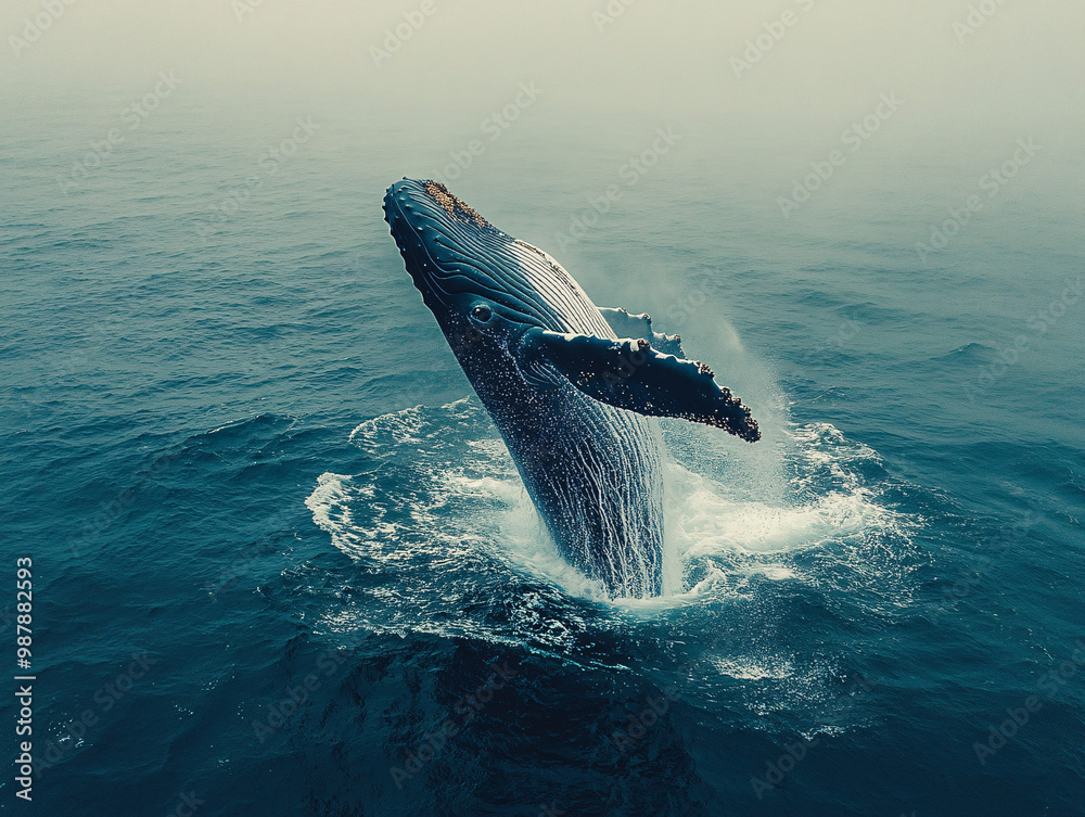 Fototapeta premium Stunning shot of a humpback whale breaching out of the ocean, capturing the majestic moment in midair with water splashing around, set against a dramatic sky and sea background
