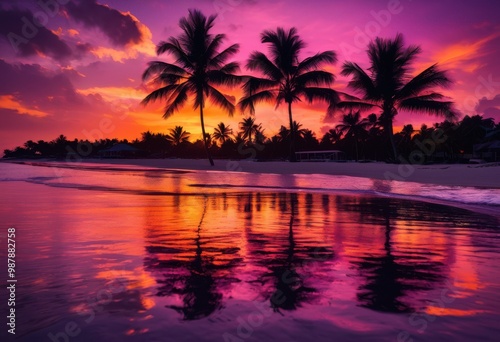 vibrant seaside sunset highlighting shadowed palm silhouettes colorful sky, beach, coast, shoreline, horizon, twilight, evening, tropical, colors
