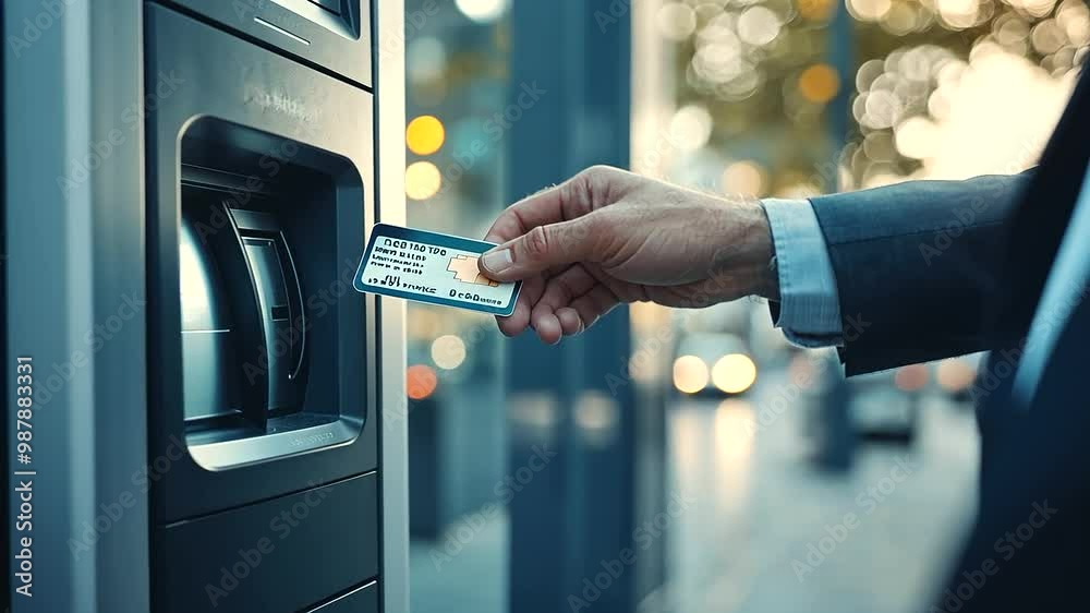 man using ATM machine for money withdrawal, inserting his credit card and withdrawing cash, showcasing a financial transaction in an outdoor setting man using ATM machine for money withdrawal, inserting his credit card and withdrawing cash, showcasing a financial transaction in an outdoor setting