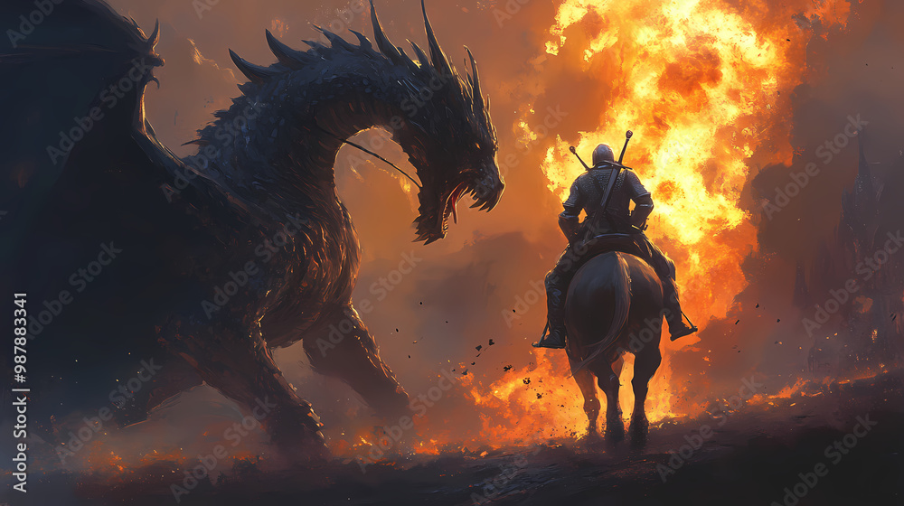 A lone knight on horseback facing a fire-breathing dragon. Dragon Rider. Illustration A lone knight on horseback facing a fire-breathing dragon. Dragon Rider. Illustration