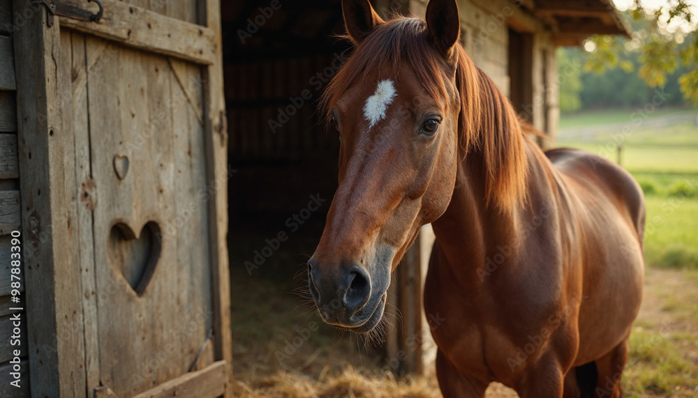 Fototapeta premium Brown horse with heart-shaped marking beside rustic barn walls, unique coat pattern.