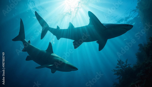 Silhouettes of blue sharks glide gracefully beneath the shimmering ocean surface.