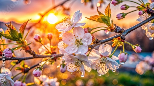 Beautiful cherry blossoms with water droplets illuminated by soft sunlight at sunset photo