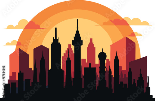 City skyline silhouette at sunset with skyscrapers, vector urban landscape illustration
