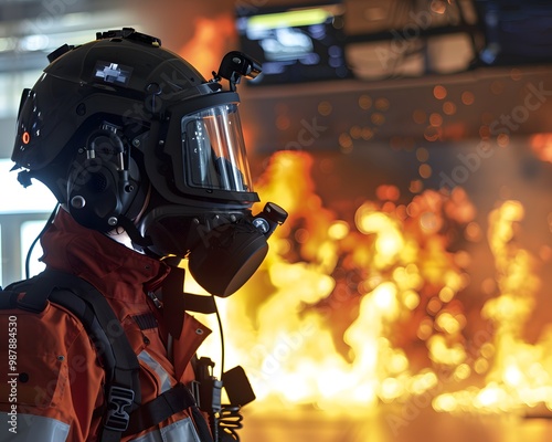 Firefighter in protective gear standing against a backdrop of flames, showcasing bravery and emergency response. photo