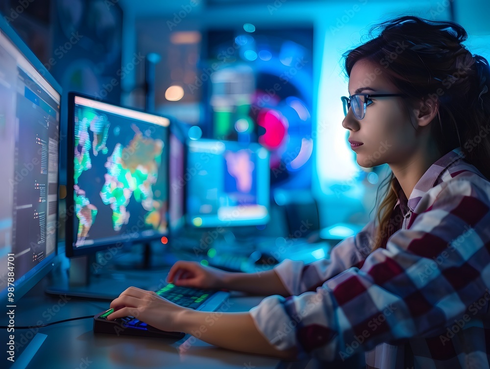 Focused woman working on multiple computer screens in a tech environment, showcasing modern digital innovation and programming. Focused woman working on multiple computer screens in a tech environment, showcasing modern digital innovation and programming.