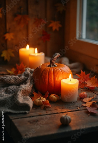 Warm Halloween scene with a pumpkin and tealight candles, capturing autumn's essence.

 photo