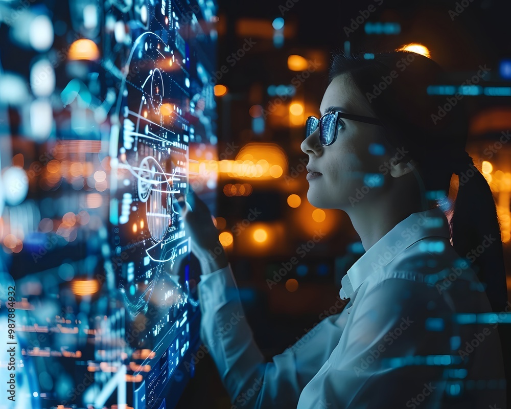 Innovative woman interacting with advanced digital interfaces, exploring technology and data insights with focus and determination. Innovative woman interacting with advanced digital interfaces, exploring technology and data insights with focus and determination.