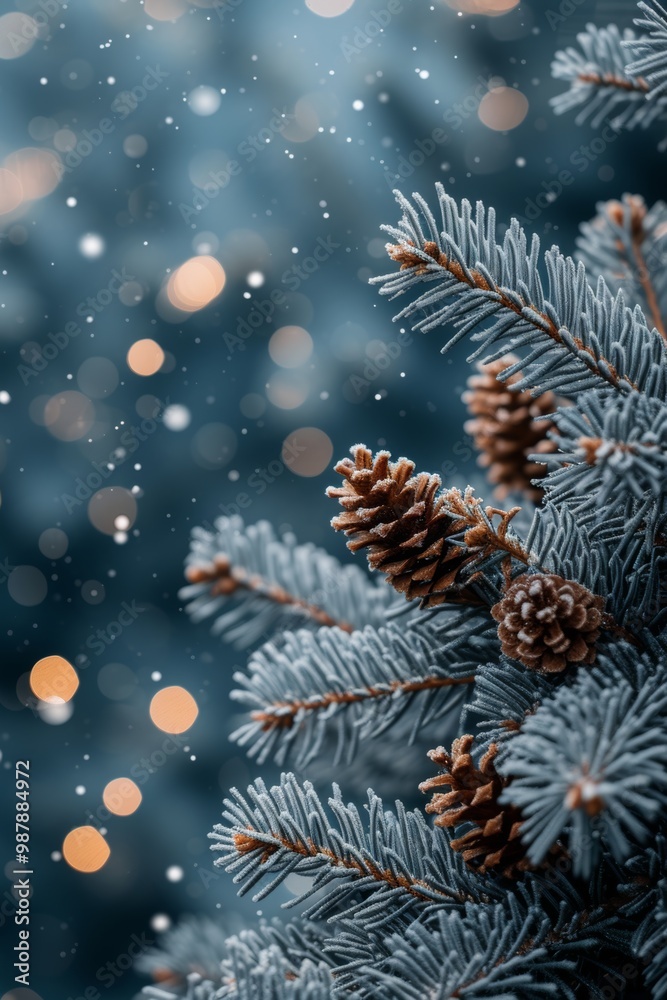Winter scene of pine branch with snow-covered pine cones, copy space Winter scene of pine branch with snow-covered pine cones, copy space