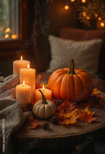 Warm Halloween scene with a pumpkin and tealight candles, capturing autumn's essence.

 photo