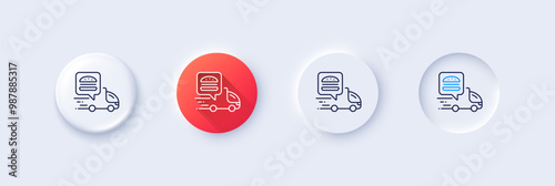 Food delivery truck line icon. Neumorphic, Red gradient, 3d pin buttons. Contactless meal order sign. Grocery delivery symbol. Line icons. Neumorphic buttons with outline signs. Vector