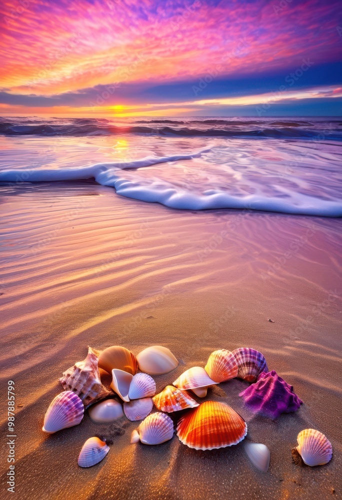 vibrant beach sunset showcasing bright seashells rolling waves under colorful sky, sand, ocean, water, reflection, clouds, horizon, coast, shore, light vibrant beach sunset showcasing bright seashells rolling waves under colorful sky, sand, ocean, water, reflection, clouds, horizon, coast, shore, light
