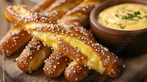 Pretzel sticks with cheese dip photo