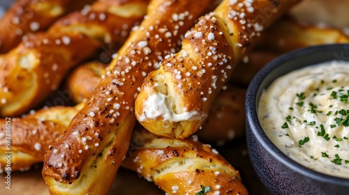 Pretzel sticks with cheese dip photo