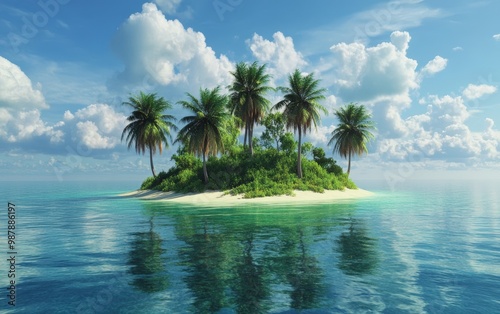 Island in the ocean. Palm trees with clouds in the island