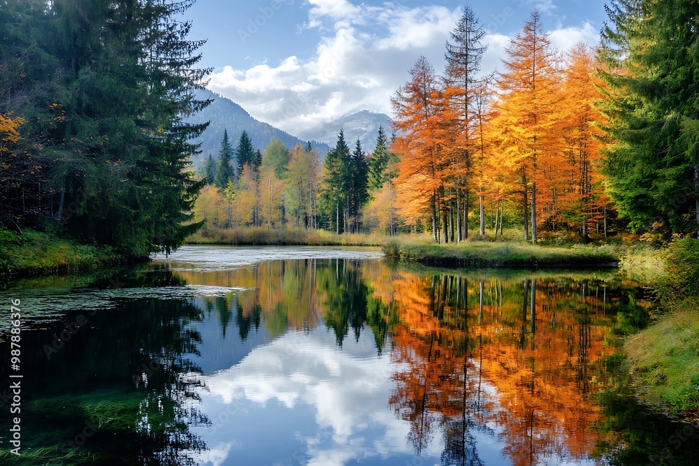 Fototapeta premium Scenic Autumn Landscape with Calm Lake Reflecting Vibrant Trees and Mountains