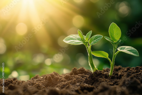 Two green seedlings grow from soil, bathed in warm sunlight.




