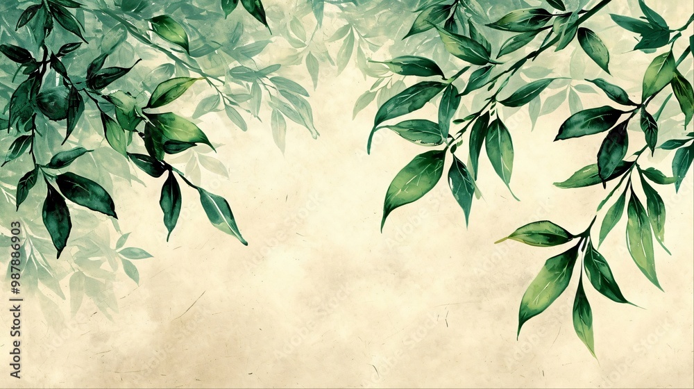 Watercolor Painting of Green Leaves on Beige Background. Watercolor Painting of Green Leaves on Beige Background.