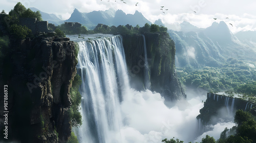 A dramatic cliffside view with cascading waterfalls. Cliffside View. Illustration