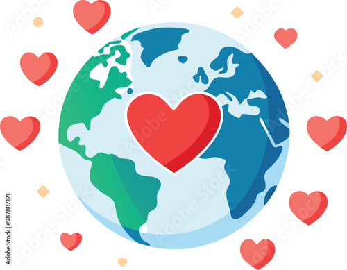 Flat illustration of planet Earth with heart symbols, global love and unity concept