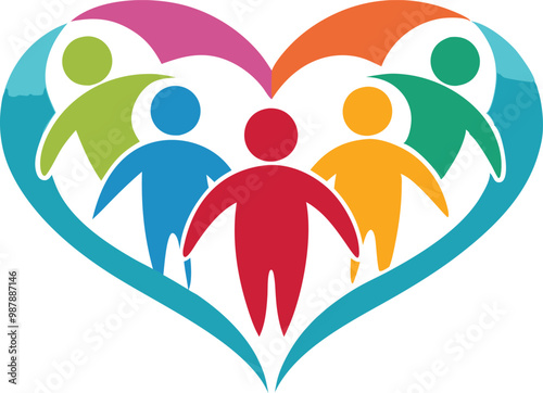 Vector illustration of diverse people inside a heart shape, symbolizing love and unity