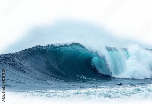 Powerful deep blue wave crashing with frothy crest, isolated on white background. photo