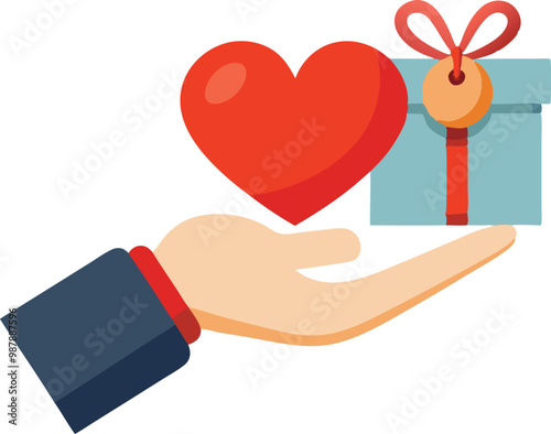 Hand holding a gift box with a heart, vector illustration of love and giving concept