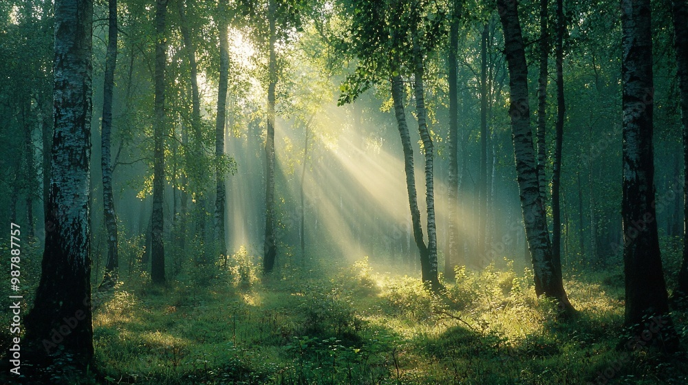 Obraz premium Sunbeams filtering through trees in a misty forest