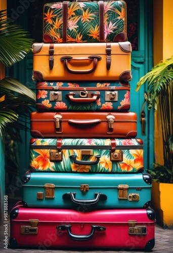 dynamic travel experiences showcasing colorful luggage arrangements vibrant settings various styles designs, backpack, suitcase, bag, gear, accessories photo