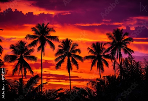 vibrant palm silhouettes framed stunning sunset backdrop rich colors dramatic sky, landscape, tree, evening, clouds, nature, scene, scenery, light, view, summer