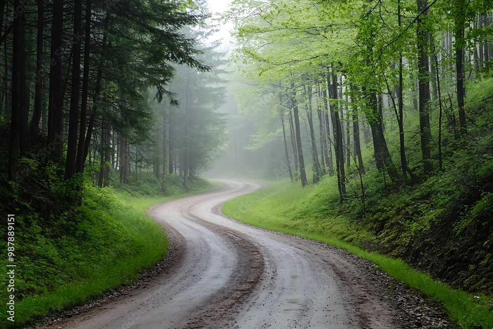 Fototapeta premium Winding dirt road through misty forest with tall trees