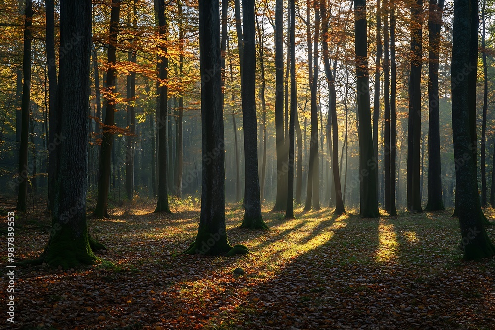 Sunbeams Shining Through the Trees in Autumn Forest Sunbeams Shining Through the Trees in Autumn Forest